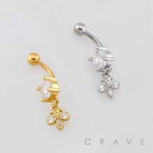 DANGLING MULTI CZ BUTTERLFY DANGLE BELLY BUTTON NAVEL RING 316L SURGICAL STEEL